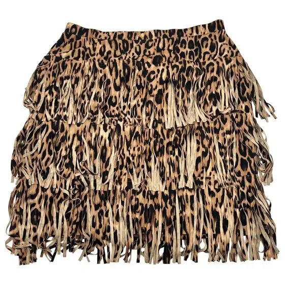CHICO'S BROWN/ tan ANIMAL LEOPARD PRINT FRINGE PULL ON SKIRT size 2 US large - Picture 1 of 9